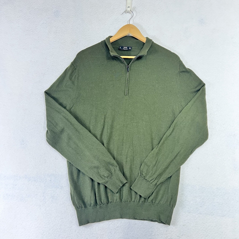 Mango MNG Men Merino Wool Sweater Green 1/4 Zip Size L Lightweight Preppy